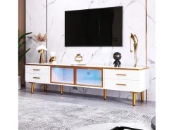 Móvel De Tv*DripeX Conjunto de mesa de café + móveis de TV com LEDs 4 gavetas e 1 nichos, bandeja de mesa com estrutura de mármore Branco