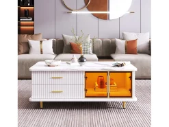 Móvel De Tv*DripeX Conjunto de mesa de café + móveis de TV com LEDs 4 gavetas e 1 nichos, bandeja de mesa com estrutura de mármore Branco