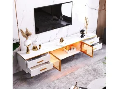 Móvel De Tv*DripeX Conjunto de mesa de café + móveis de TV com LEDs 4 gavetas e 1 nichos, bandeja de mesa com estrutura de mármore Branco