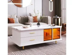 Móvel De Tv*DripeX Conjunto de mesa de café + móveis de TV com LEDs 4 gavetas e 1 nichos, bandeja de mesa com estrutura de mármore Branco