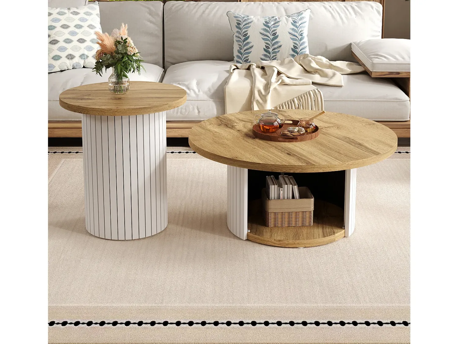 Mesa De Centro*ModernLuxe Conjunto de mesa de centro - Tampo redondo - com compartimentos de armazenamento - MDF - Natural Natural claro