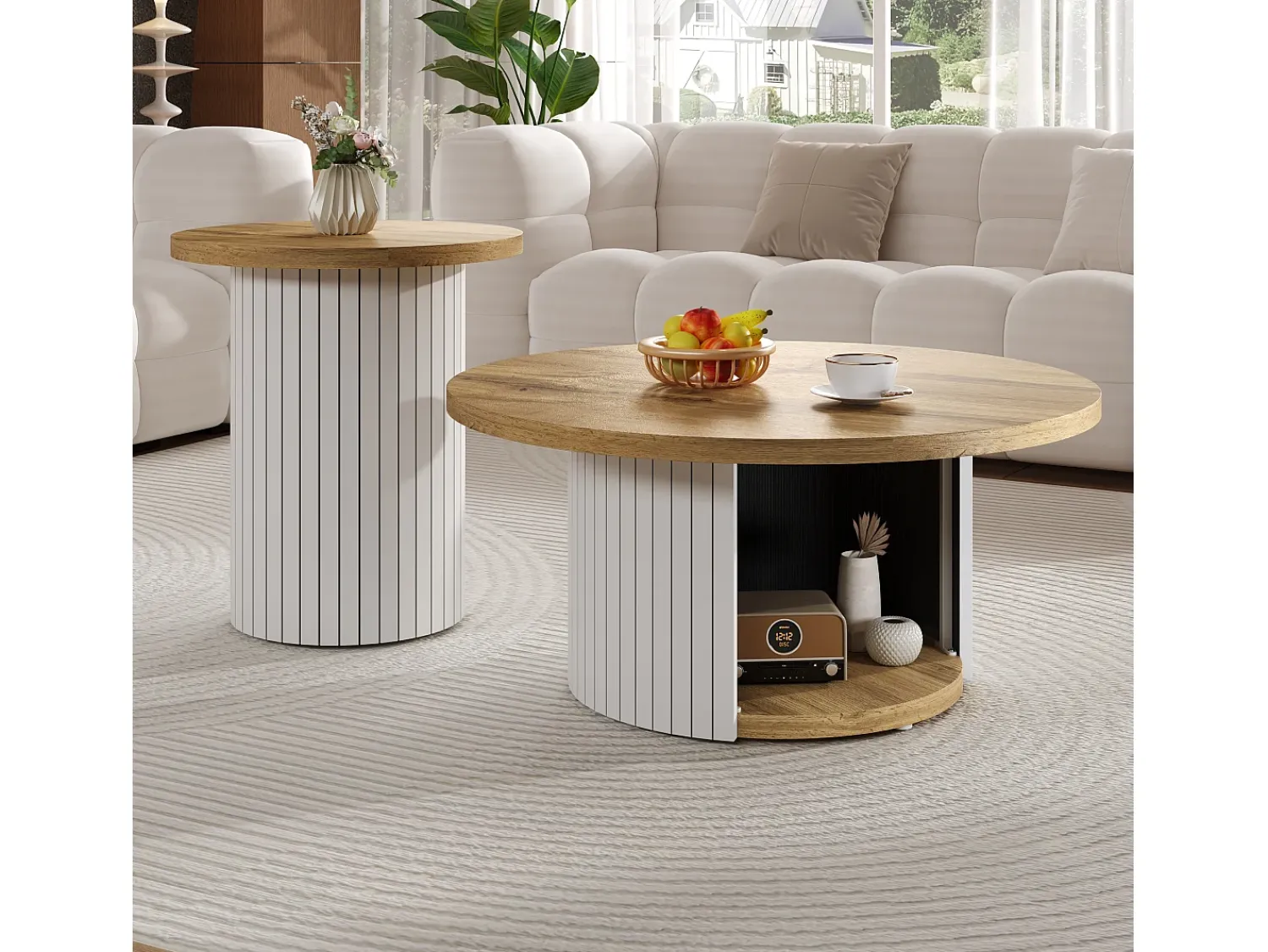 Mesa De Centro*ModernLuxe Conjunto de mesa de centro - Tampo redondo - com compartimentos de armazenamento - MDF - Natural Natural claro