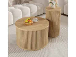 Discount ModernLuxe Conjunto de mesa de centro - Tampo redondo - Padrão de listras verticais - MDF - Natural Natural claro