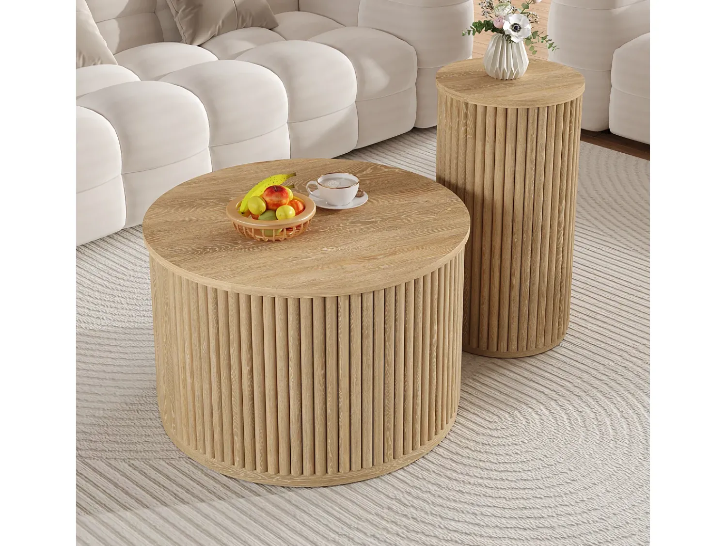 Discount ModernLuxe Conjunto de mesa de centro - Tampo redondo - Padrão de listras verticais - MDF - Natural Natural claro