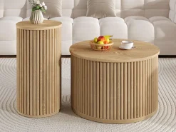 Discount ModernLuxe Conjunto de mesa de centro - Tampo redondo - Padrão de listras verticais - MDF - Natural Natural claro