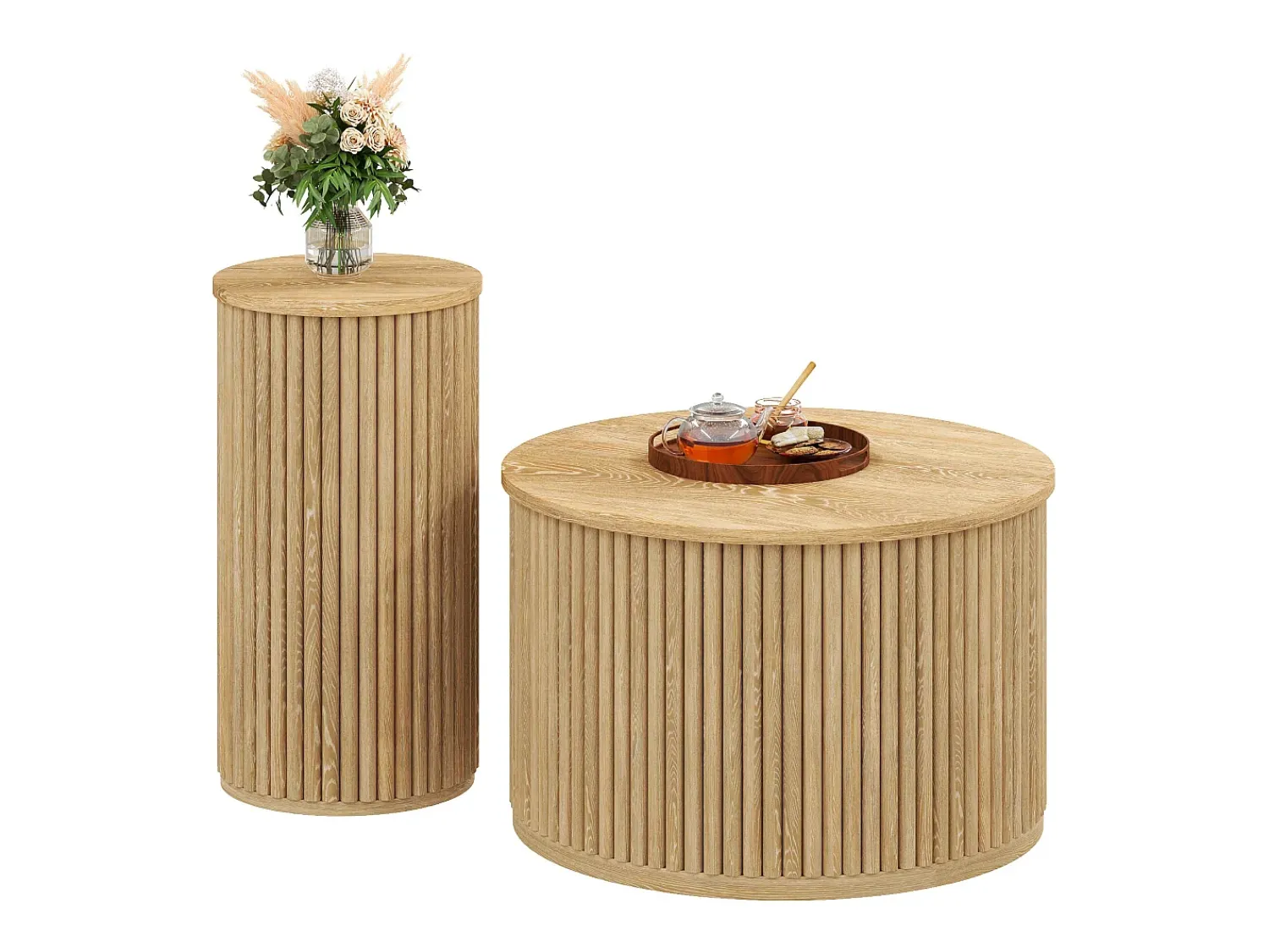 Discount ModernLuxe Conjunto de mesa de centro - Tampo redondo - Padrão de listras verticais - MDF - Natural Natural claro