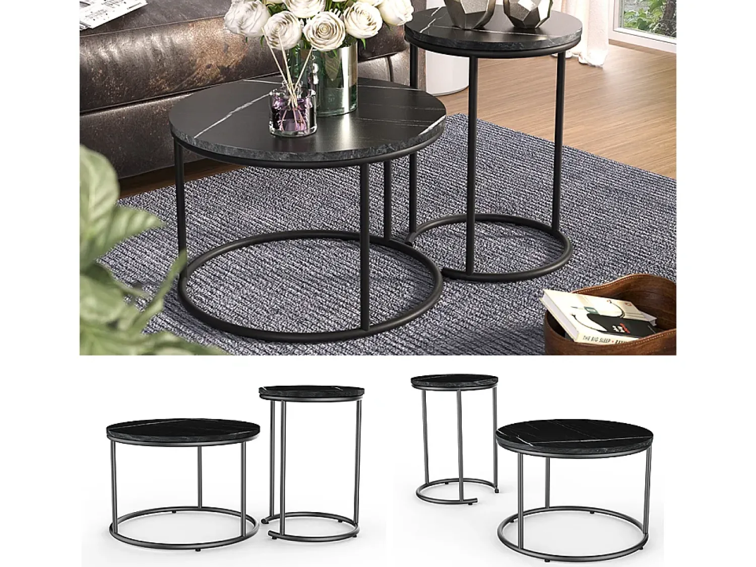 Clearance Vicco Conjunto de mesa de centro mármore 55x55x34.5 ottawa Preto
