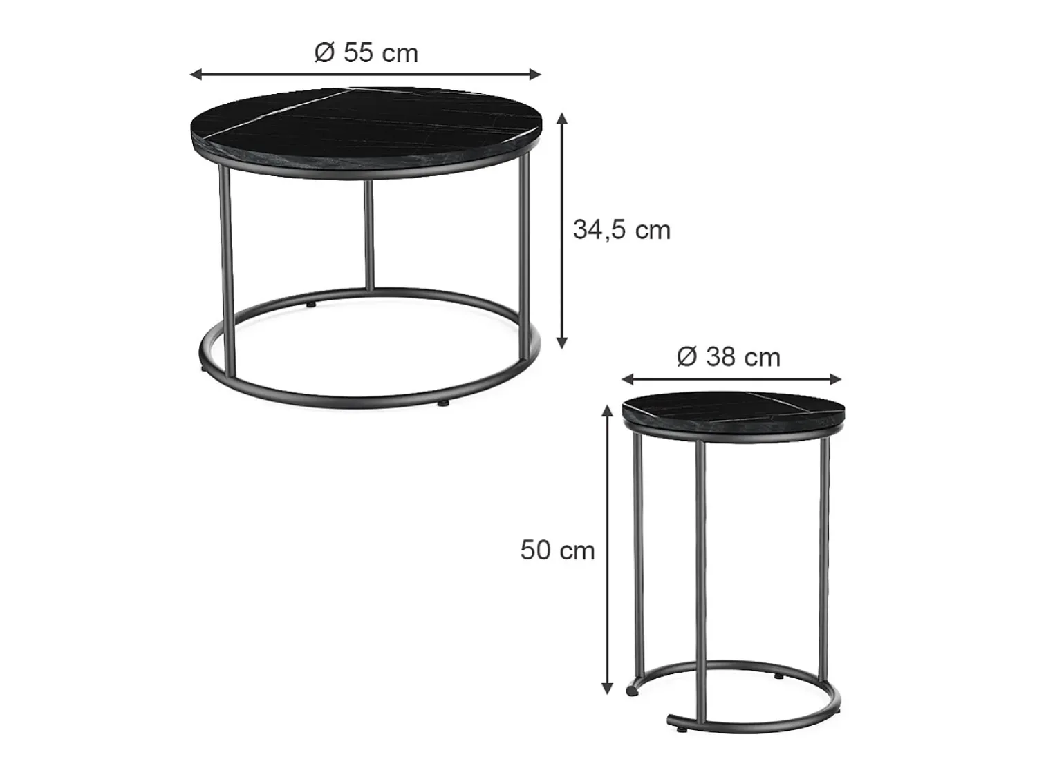 Clearance Vicco Conjunto de mesa de centro mármore 55x55x34.5 ottawa Preto