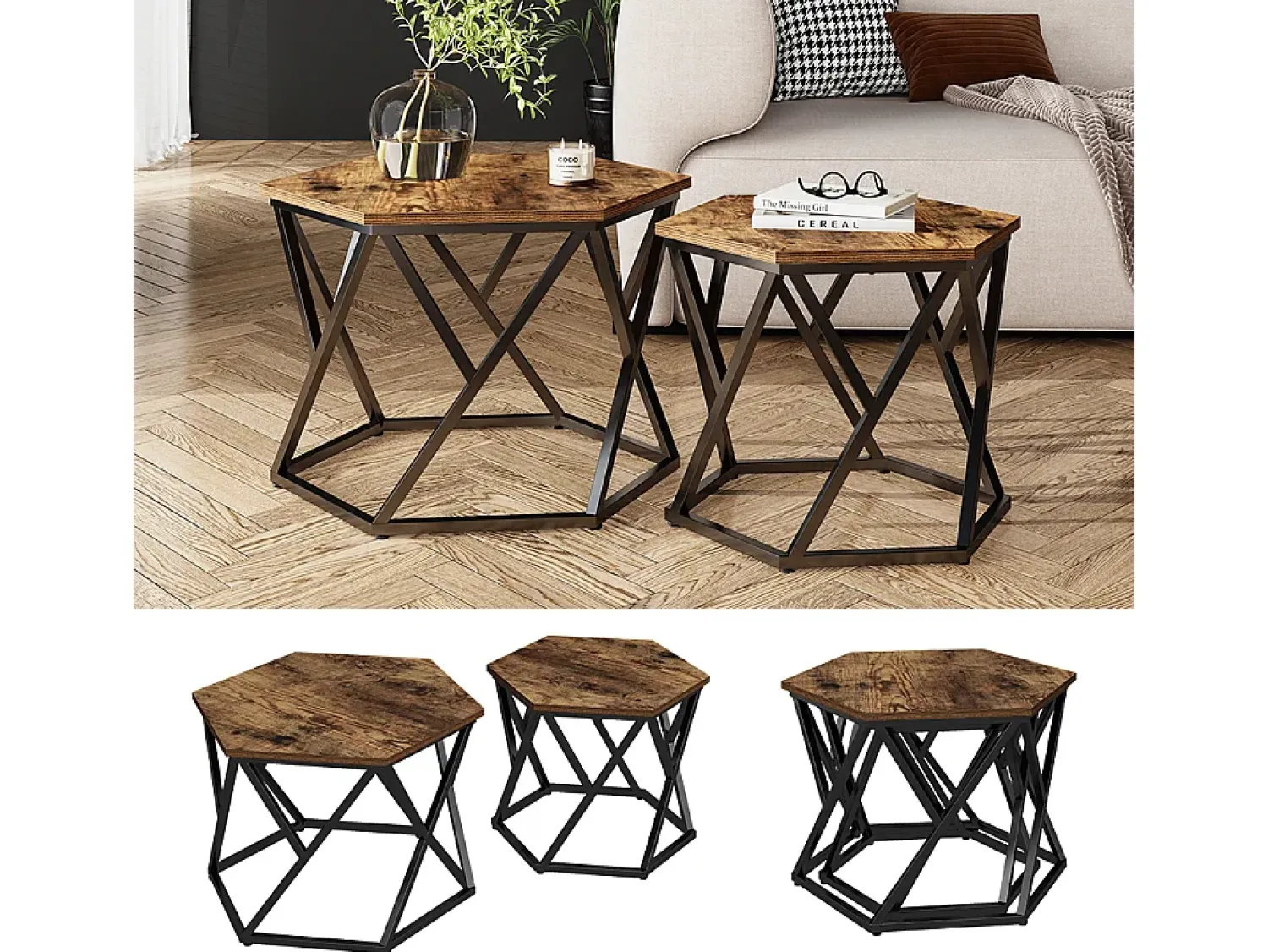 Vicco Conjunto de mesa de centro carvalho rústico 57x57x42 fyrk^ Mesa De Centro