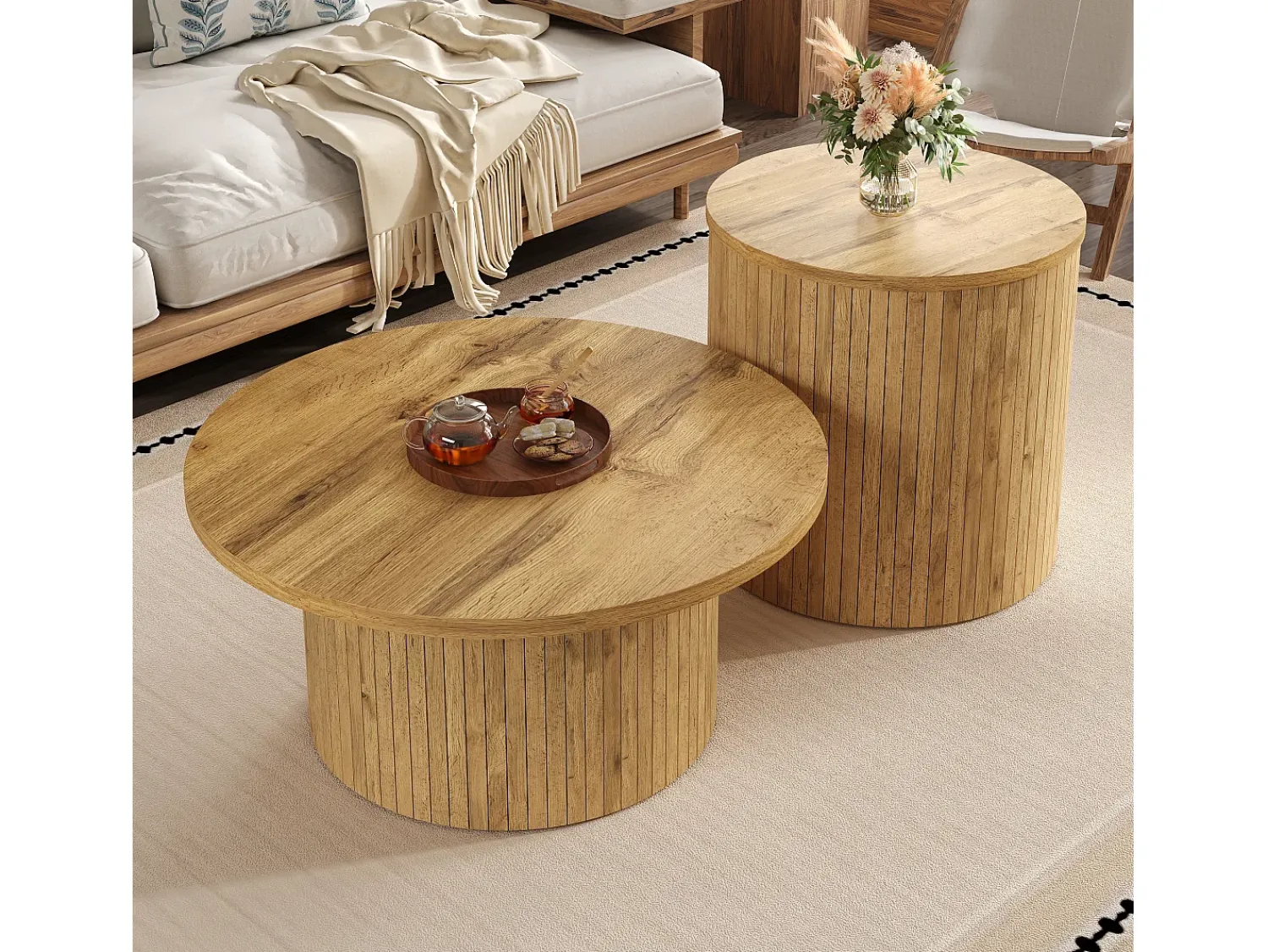 Mesa De Centro*ModernLuxe Conjunto de mesa de centro - Tampo redondo - Padrão de listras verticais - MDF - Natural Natural claro