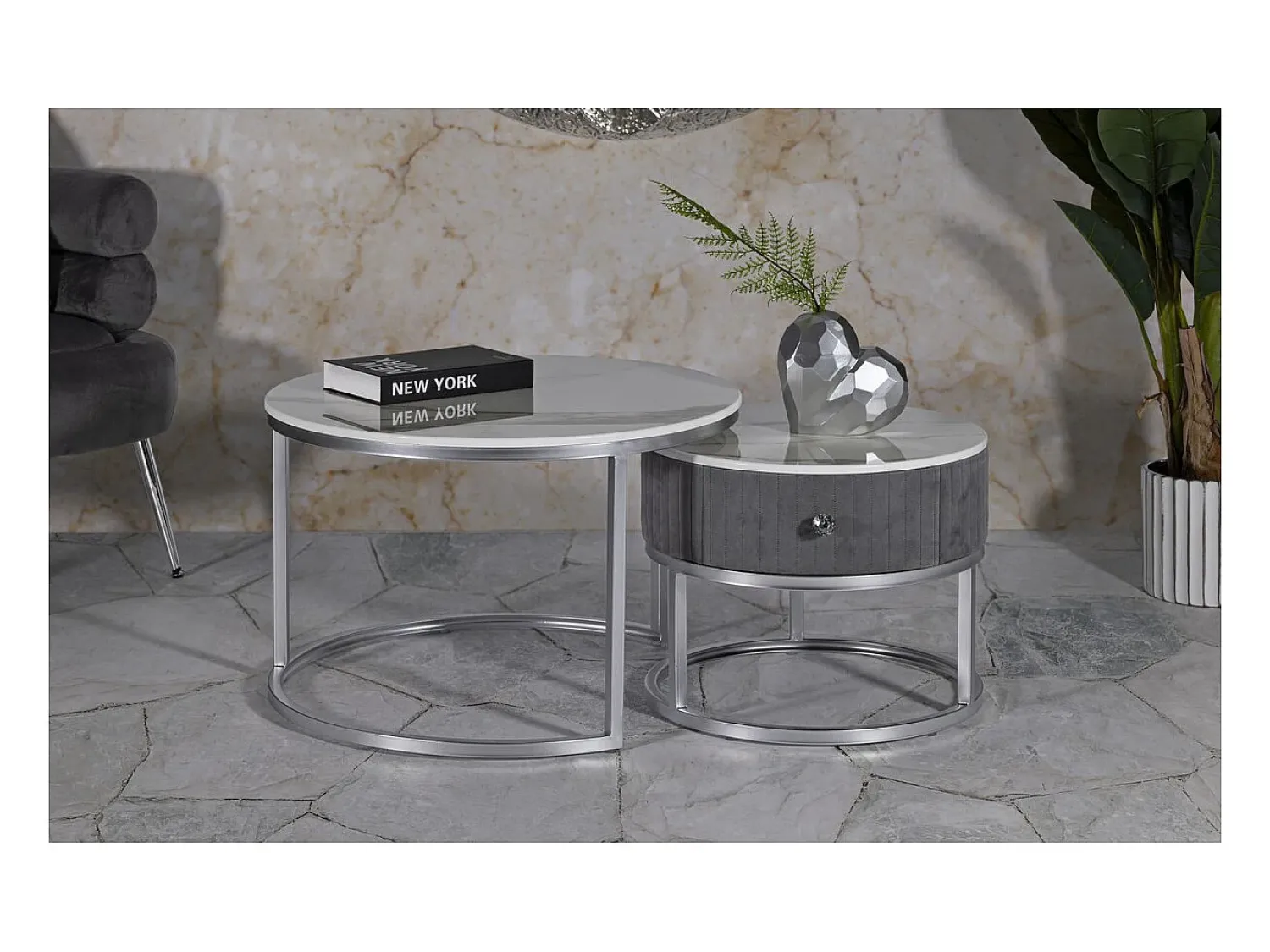 Mesa De Centro* Conjunto de Mesas Auxiliares VKH796, , 70x70x45 cm, Kendra Home Cinzento