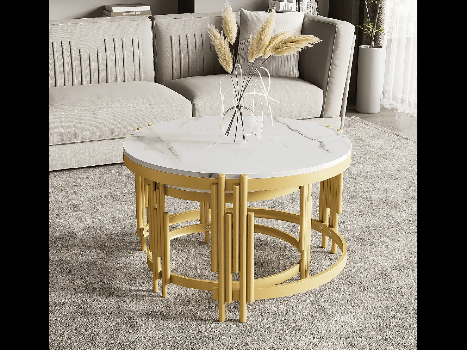 Mesa De Centro|Hauss Spole Conjunto de mesas de centro com tampo em efeito mármore - Estrutura em metal dourado Branco