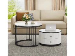 New Hauss Spole Conjunto de mesas de centro empilháveis com 2 gavetas - Tampo com efeito mármore brilhante - Preto e Branco