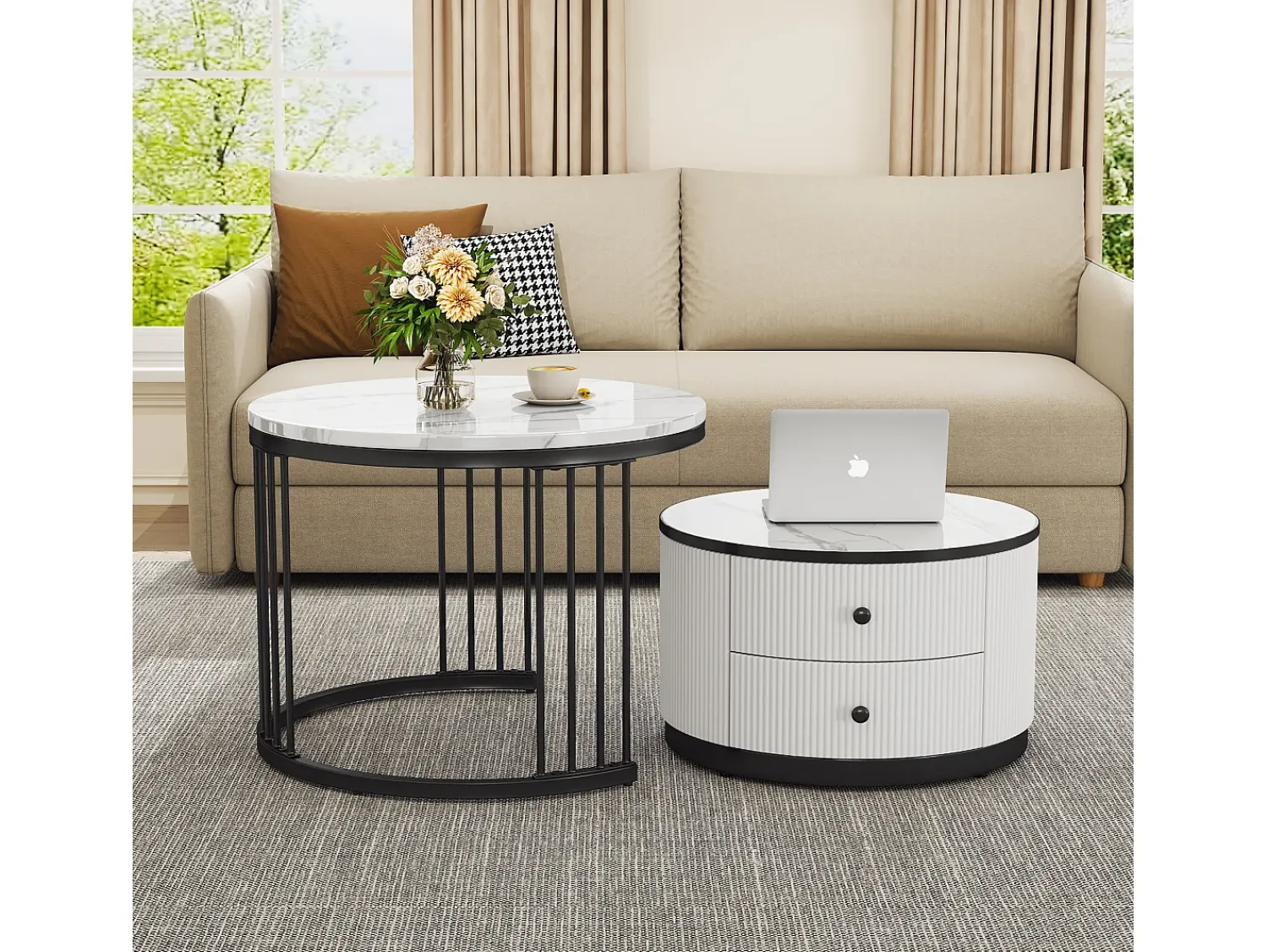 New Hauss Spole Conjunto de mesas de centro empilháveis com 2 gavetas - Tampo com efeito mármore brilhante - Preto e Branco