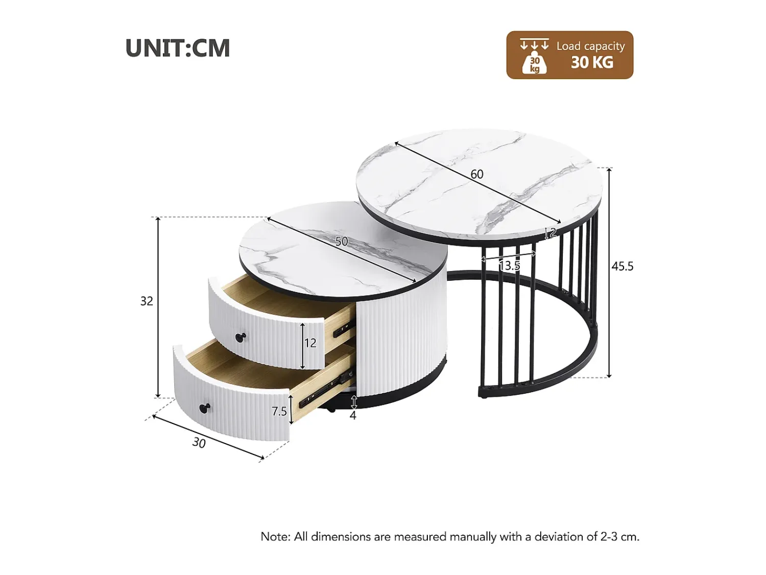 New Hauss Spole Conjunto de mesas de centro empilháveis com 2 gavetas - Tampo com efeito mármore brilhante - Preto e Branco