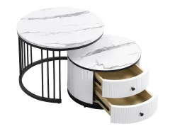 New Hauss Spole Conjunto de mesas de centro empilháveis com 2 gavetas - Tampo com efeito mármore brilhante - Preto e Branco