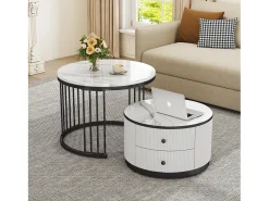 New Hauss Spole Conjunto de mesas de centro empilháveis com 2 gavetas - Tampo com efeito mármore brilhante - Preto e Branco