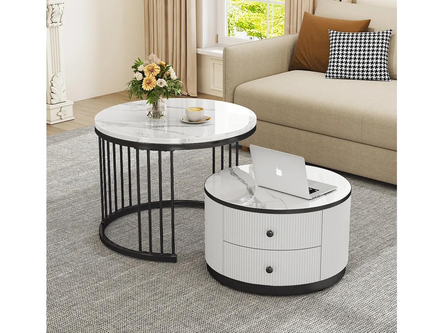 New Hauss Spole Conjunto de mesas de centro empilháveis com 2 gavetas - Tampo com efeito mármore brilhante - Preto e Branco