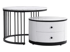 New Hauss Spole Conjunto de mesas de centro empilháveis com 2 gavetas - Tampo com efeito mármore brilhante - Preto e Branco