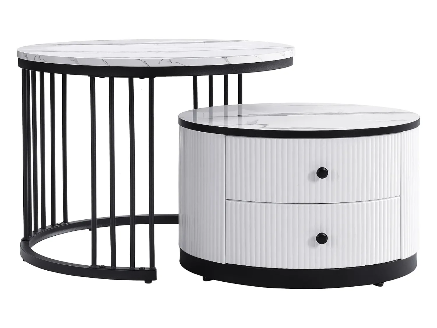 New Hauss Spole Conjunto de mesas de centro empilháveis com 2 gavetas - Tampo com efeito mármore brilhante - Preto e Branco