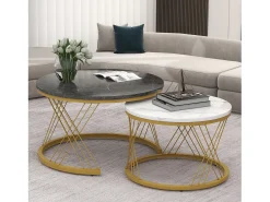 Mesa De Centro|Merax Conjunto de mesas de centro empilháveis em madeira - folheado com efeito mármore branco e metal dourado - MDF - para sala de estar - cinza e branco Cinzento