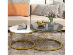 Mesa De Centro|Merax Conjunto de mesas de centro empilháveis em madeira - folheado com efeito mármore branco e metal dourado - MDF - para sala de estar - cinza e branco Cinzento