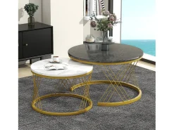 Mesa De Centro|Merax Conjunto de mesas de centro empilháveis em madeira - folheado com efeito mármore branco e metal dourado - MDF - para sala de estar - cinza e branco Cinzento