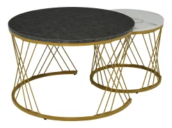 Mesa De Centro|Merax Conjunto de mesas de centro empilháveis em madeira - folheado com efeito mármore branco e metal dourado - MDF - para sala de estar - cinza e branco Cinzento