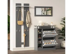 Móvel De Entrada|ModernLuxe Conjunto de mobiliário de entrada - 1 espelho + 2 painéis de parede + 1 sapateira - Cinza Cinzento