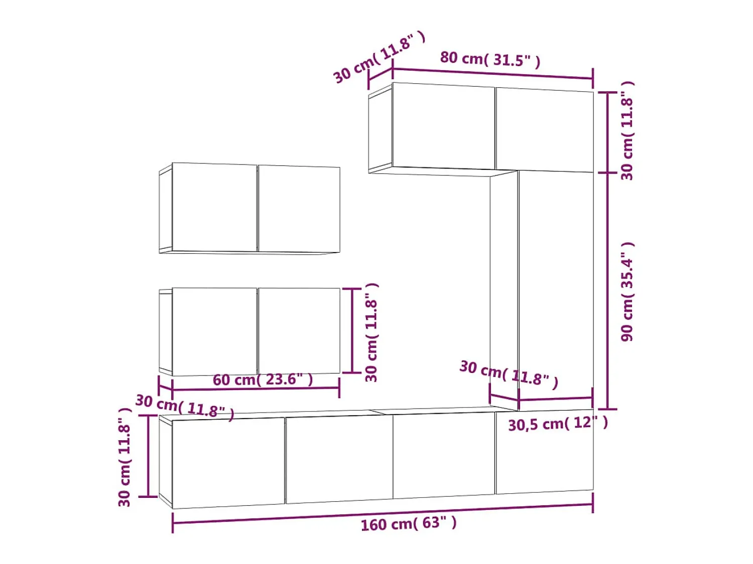 Móvel De Tv|Helloshop26 Conjunto de móveis armário aparador TV televisão sala de estar quarto sala de estar 6 peças madeira projetada 02_0025015 Branco