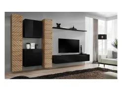 Móvel De Tv*Price Factory Conjunto de móveis de design para sala de estar SWITCH VI. Cores carvalho e preto com acabamento em carvalho fresado e preto brilhante. Preto / Castanho