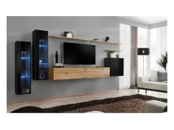Móvel De Tv|Price Factory Conjunto de móveis de parede para sala de estar SWITCH XI design, nas cores carvalho Wotan e preto brilhante. Castanho