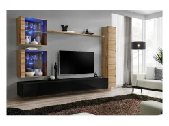 Móvel De Tv*Price Factory Conjunto de móveis de parede para sala de estar SWITCH XVIII, design moderno, nas cores brilhante e carvalho Wotan. Preto