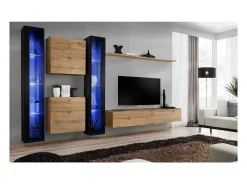 Móvel De Tv|Price Factory Conjunto de móveis de parede para sala SWITCH XVI design, cor carvalho Wotan e preto brilhante. Castanho