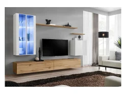 Móvel De Tv*Price Factory Conjunto de móveis de parede para sala de estar SWITCH XII design, cor carvalho Wotan e branco brilhante. Castanho