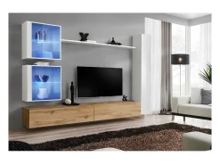 Móvel De Tv*Price Factory Conjunto de móveis de parede para sala de estar SWITCH XVIII design, cores carvalho Wotan e branco brilhante. Castanho