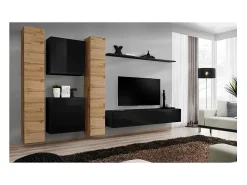 Móvel De Tv*Price Factory Conjunto de móveis de parede para sala de estar SWITCH VI, design moderno, na cor brilhante e carvalho Wotan. Preto