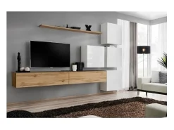 New Price Factory Conjunto de móveis de parede para sala SWITCH IX design, cor carvalho Wotan e branco brilhante. Castanho