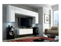 Price Factory Conjunto de móveis de sala de estar s suspensos, coleção CEPTO II, 256cm, 6 portas, 4 prateleiras, leds, modulares. Branco