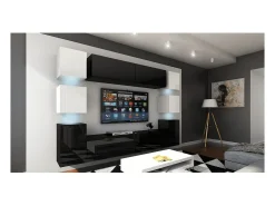 Móvel De Tv|Price Factory Conjunto de móveis de sala de estar s e brancos suspensos, coleção CEPTO XIV. 256cm, 10 móveis, LEDs. Cubo de cor branca. Preto