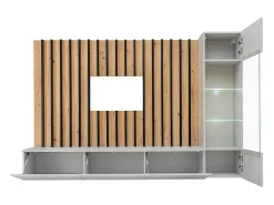 Online Price Factory Conjunto de móveis de sala de estar suspensos com fundo mural decorativo da coleção TASHYA. Cor carvalho, cinza pérola e preto. Cinzento