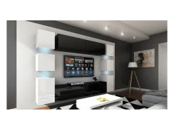 Móvel De Tv*Price Factory Conjunto de móveis de sala de estar suspensos, meio preto, lado , coleção CEPTO XIV. 256cm, 10 móveis, com LEDs. Branco