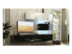 Móvel De Tv|Price Factory Conjunto de móveis de sala de estar com parte superior branca e inferior preta, suspensos coleção CEPTO XXV. 249cm, 6 móveis, com LEDs, modulares. Preto