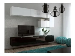 Móvel De Tv|Price Factory Conjunto de móveis de sala de estar suspensos e preto coleção CEPTO XV. 249cm, 8 móveis, leds. Branco