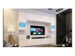 Móvel De Tv|Price Factory Conjunto de móveis de sala de estar s, suspensos, coleção CEPTO XXVII. 240cm, 8 móveis, com LEDs, modulares. Branco