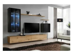 Móvel De Tv*Price Factory Conjunto de móveis de sala de estar mural SWITCH XII design, cor carvalho Wotan e preto brilhante. Castanho