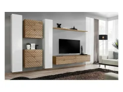 Móvel De Tv*Price Factory Conjunto de móveis de sala de estar design SWITCH VI. Cores e carvalho com acabamentos em brilhante e efeito de carvalho fresado. Branco