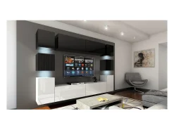 Price Factory Conjunto de móveis de sala suspenso, parte superior preta, parte inferior branca, coleção CEPTO XIV. 256cm, 10 móveis, leds.^ Móvel De Tv
