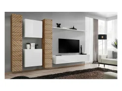 Discount Price Factory Conjunto de móveis de sala de estar design SWITCH VI. Cores em carvalho e branco com acabamento em carvalho com efeito fresado e branco brilhante. Castanho / Branco