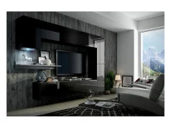 Price Factory Conjunto de móveis de sala de estar s, coleção CEPTO VI 256cm, com 7 portas, prateleira de parede branca, LEDs, modulares.^ Móvel De Tv